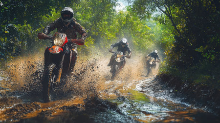 Motorcycles race through a muddy trail, splashing water and dirt in an exhilarating display of skill and adventure during a Dakar rally event.の写真素材