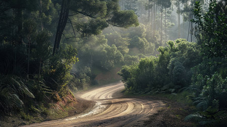 A tranquil gravel track winds through a lush forest, surrounded by greenery and soft morning light, creating a serene and peaceful atmosphere for exploration.の写真素材