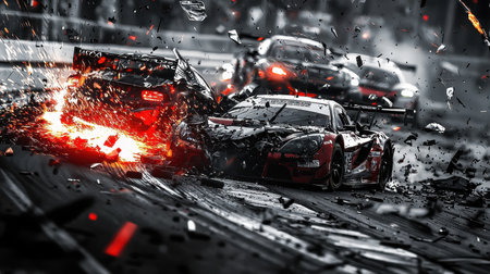 A high contrast image capturing the chaos of a multi-car pileup on a race track, showcasing debris...
