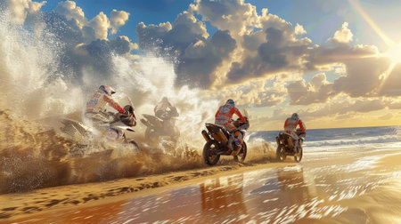 Breathtaking scene of motorcycles racing on a sandy beach, with ocean waves crashing in the...