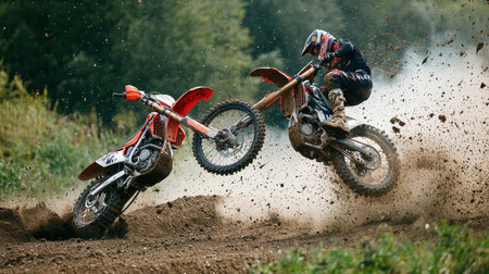 A thrilling moment captured during a motocross event, showcasing a bike crashing into the dirt...