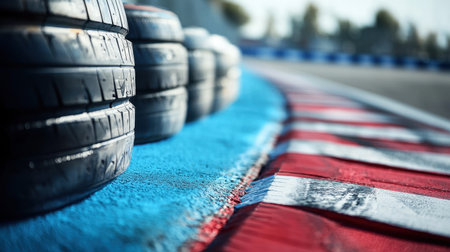 Close-up view of colorful tire walls and safety barriers at a racetrack, highlighting the vibrant colors and details in a competitive outdoor environment.の写真素材