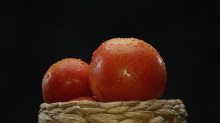 Macrography, tomatoes nestled within a rustic wooden basket are showcased against a dramatic black background. Each close-up shot captures the rich colors and textures of the tomatoes. Comestible.の写真素材