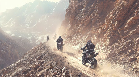 Motorcyclists navigate a narrow, rocky mountain path during a thrilling rally, capturing the essence of adventure amidst scenic landscapes and dust.の写真素材