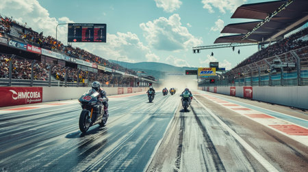 Experience the excitement of a MotoGP race as motorcycles speed down the track, showcasing skill and...