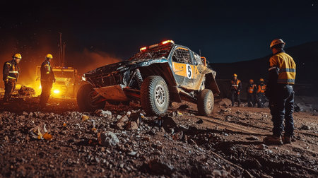 This image captures the aftermath of a Dakar Rally buggy event at night, highlighting recovery...