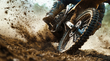 Capture the excitement of motocross with this dynamic shot of a bike kicking up dirt and showcasing incredible suspension and agility in a thrilling moment.の写真素材