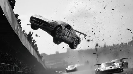A dramatic black and white shot of a car airborne during a Le Mans race, showcasing high contrast and intense action, capturing the thrill of motorsport.の写真素材