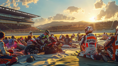 A vibrant scene capturing fans enjoying a picnic at the racetrack during a stunning sunset, surrounded by the excitement of motorsport and community.の写真素材