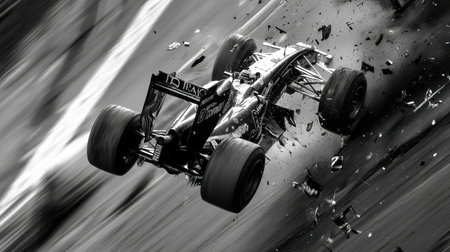 A dramatic high contrast image of a Formula car airborne amidst flying debris, capturing the...
