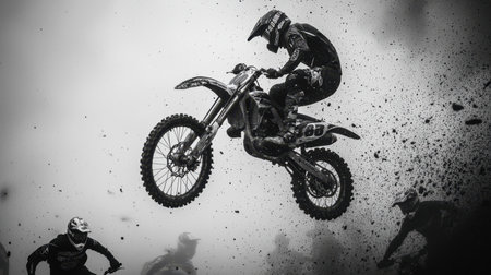 A striking high contrast image of a motocross bike airborne mid-jump, showcasing the thrill and agility of extreme sports against a dynamic, dusty backdrop.の写真素材