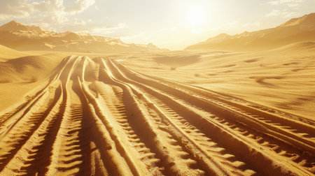 Tire tracks weave through a golden sandy landscape under a warm sunset. The serene desert scene features ripples and small dunes, evoking adventure.の写真素材