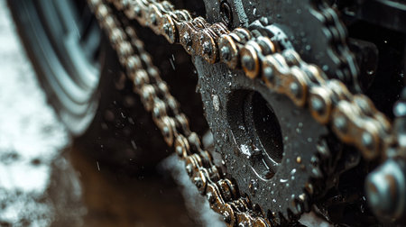 A stunning close-up shot of a superbikes chain and sprocket, showcasing intricate details. Water droplets add drama to the metal surfaces, highlighting the mechanics of high-performance motorcycles.の写真素材
