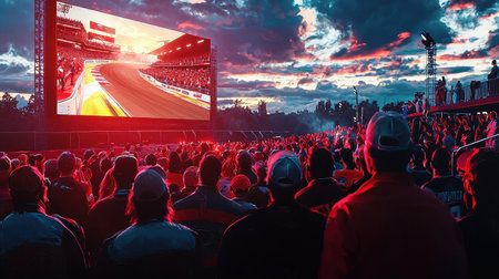 A vibrant gathering of fans enjoying a thrilling racing event on a giant screen at sunset, capturing the excitement and atmosphere of the moment.の写真素材