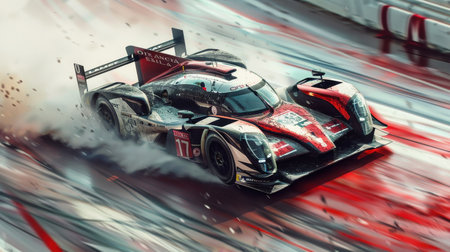 A striking race car skillfully exits a corner, leaving a trail of rubber on the track while creating...
