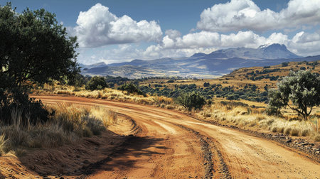 A captivating view of a winding dirt track surrounded by lush greenery and majestic mountains under a beautiful sky filled with clouds. Ideal for travel themes.の写真素材