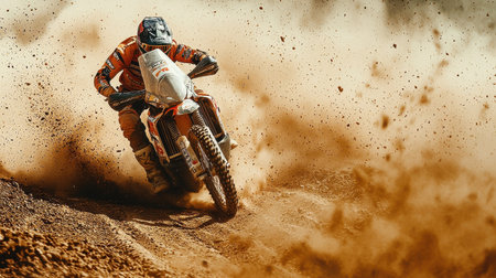 A motorcyclist skillfully navigates a gravel path, kicking up dust while participating in a thrilling rally event. The image captures the essence of speed and adventure.の写真素材