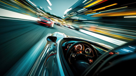 A driver displays intense focus and concentration while racing on a vibrant track, showcasing speed...