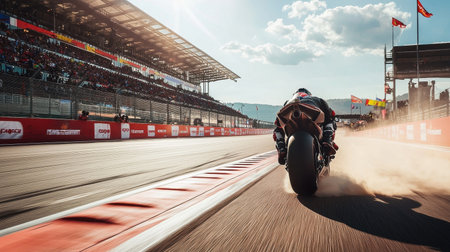 Capture the dynamic energy of a motorcycle racing scene, showcasing speed and excitement at a...