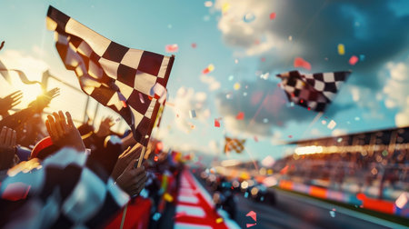 Enthusiastic fans wave checkered flags in a vibrant celebration during a thrilling race event, capturing the essence of excitement and joy in the air.の写真素材
