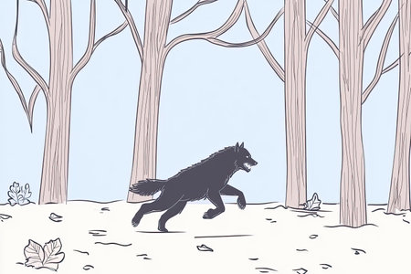 A hand-drawn illustration depicts a creature running through a foggy forest. The mysterious atmosphere evokes elements of folklore and fantasy, enchanting the viewer.の写真素材