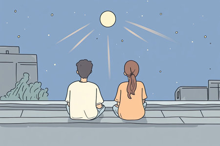 This enchanting illustration captures a couple sitting on a moonlit rooftop, enjoying a serene night under starry skies. Their connection radiates warmth and intimacy.の写真素材