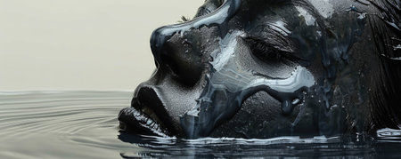 A captivating portrait featuring a serene face partially submerged in liquid. The smooth texture and monochrome tones create a tranquil and artistic atmosphere, highlighting beauty in stillness.の写真素材