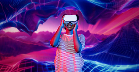 African girl with VR glasses plays video game while enters metaverse by using augmented reality...