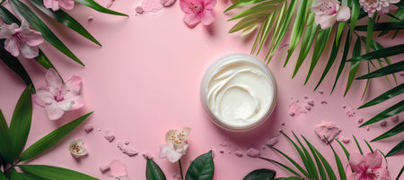 A soothing natural skincare cream surrounded by vibrant flowers and green leaves on a pink background, perfect for beauty and wellness themes.の写真素材