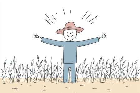 A cheerful, hand-drawn scarecrow stands in a cornfield, arms wide open, surrounded by tall crops, evoking a sense of whimsy and joy in nature.の写真素材