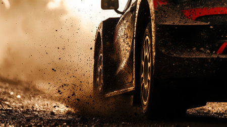 A powerful rally car captures attention as it speeds through a dusty track, showcasing the thrill of...