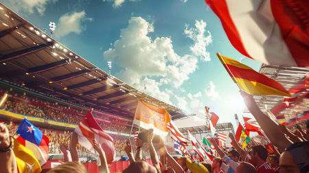 A lively stadium view showcasing enthusiastic fans waving flags and banners, capturing the essence of excitement and camaraderie during a sports event.の写真素材