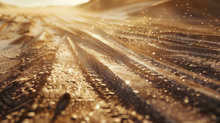 A close-up view of a sandy track with ripples and small dunes, glistening in sunlight, capturing the...