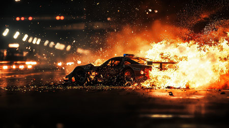 A dramatic scene captures a nighttime car accident engulfed in flames. The intense fire contrasts with the dark surroundings, showcasing risk and chaos.の写真素材