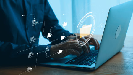 Business person managing online documents folders for efficient work processes. Ensure secure and...