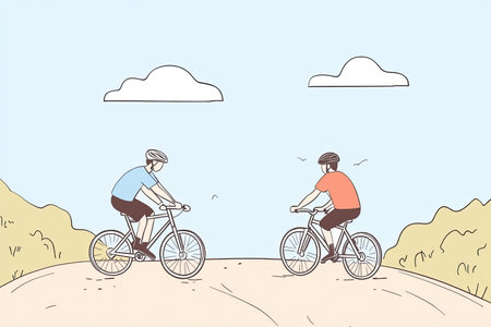 Two bikers race along a dirt path, illustrated in a charming hand-drawn style. The scene captures the thrill of cycling amidst a serene outdoor landscape.の写真素材
