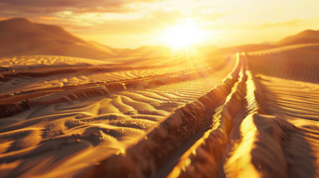 Experience a stunning sunset over a sandy track in the Dakar desert, with long shadows and golden...