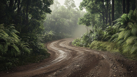 A winding gravel track through a lush green forest creates a tranquil setting. Soft mist and rich foliage invite exploration and adventure in nature.の写真素材