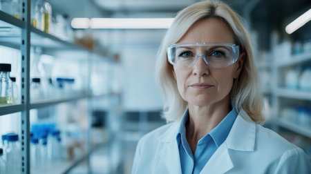 A serious female scientist in a laboratory, wearing glasses, focusing on her work, surrounded by various lab equipment and glassware. Ideal for themes of research and professionalism.の写真素材