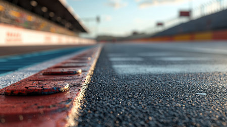 This image captures a close-up view of an empty F1 track, showcasing the detailed texture of the surface illuminated by sunlight, perfect for motorsport enthusiasts.の写真素材