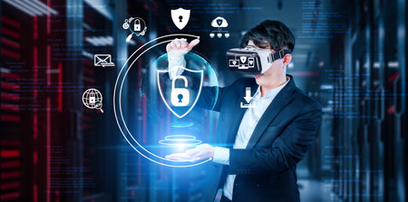 Business man holding at security system hologram and standing at data center. Skilled project...
