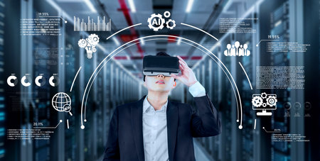 Businessman with headset standing at data center while using AI assistance. Project manager looking...