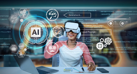 Smart african girl looking at AI technology hologram while using metadata. Academic student wearing...