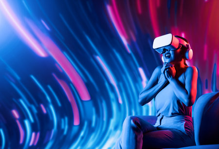 Smart female sitting on sofa surrounded by neon light wearing VR headset connecting metaverse, future cyberspace community technology. Elegant woman excited and emotionally watch movie. Hallucination.の写真素材
