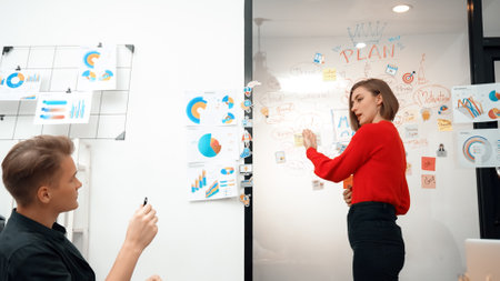 Young beautiful caucasian businesswoman presenting marketing strategy by using mind map, graph while...