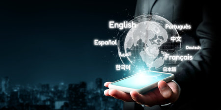 Global communication with multiple languages. Digital virtual reality globe with online languages study, skills interpreter lesson and practice capabilities in connected vr world. EIDEの写真素材