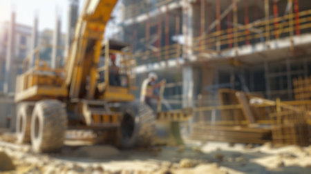 Blur background of smart civil engineer looking at crane lifting material at construction site. Skilled project manager standing at construction zone while crane holding construction material. Spate.の写真素材