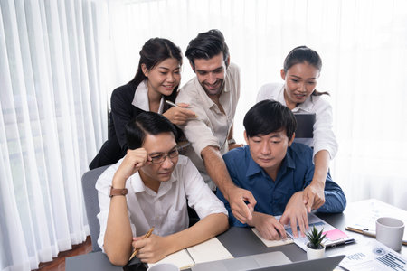 Group of diverse office worker employee working together on strategic business marketing planning in...