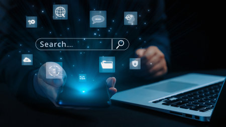 Business person conducts search engine research, extracting valuable data for strategic decisions....