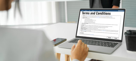 Digital legal contract provide terms and conditions document on computer screen ready for online...